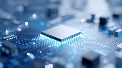 A detailed view of a computer chip actively processing data on a modern circuit board. Glowing connections illustrate the flow of information through a complex network in a sleek, digital landscape