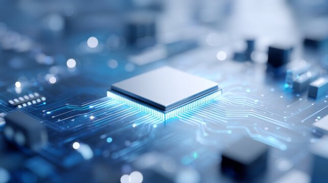 A detailed view of a computer chip actively processing data on a modern circuit board. Glowing connections illustrate the flow of information through a complex network in a sleek, digital landscape