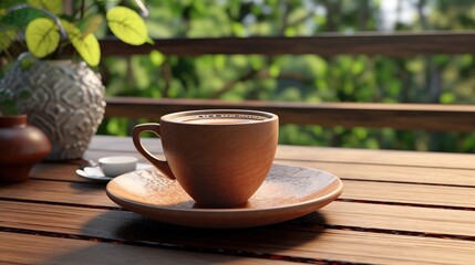 Morning Serenity: A Cup of Coffee with a View on the Wooden Deck