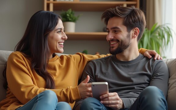 Indian happy mature woman lady with young man male sitting on cozy sofa couch talk gossip share story indoor home adult mom teen son boy speak funny joke enjoy day spend time have fun joy inside house