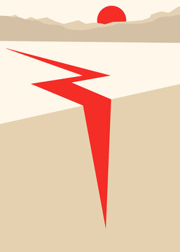 Abstract desert illustration with red river flowing through cliff at sunset