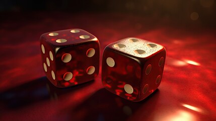 A pair of red dice on a textured surface illuminated by subtle highlights