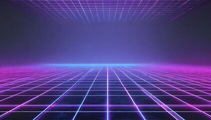 Abstract digital grid landscape with neon glow and futuristic cyberpunk atmosphere in deep blue and vibrant purple hues