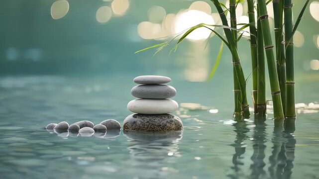 Zen Garden Serenity - Stones, Bamboo, and Tranquil Water Reflections.