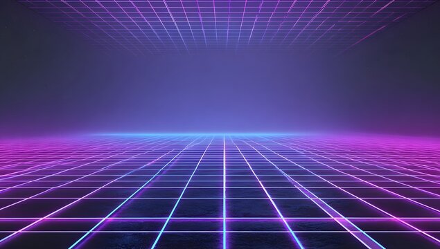 Abstract digital grid landscape with neon glow and futuristic cyberpunk atmosphere in deep blue and vibrant purple hues - Powered by Adobe
