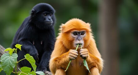 Obraz premium Two langurs, one black, one orange, in a forest setting, the orange one eating leaves
