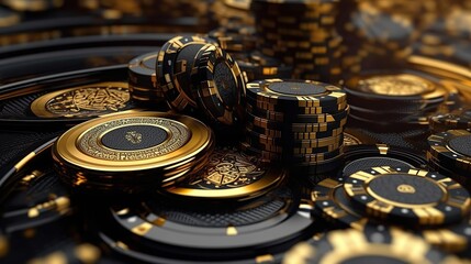 Luxurious black and gold casino chips stacked artistically on dark backdrop