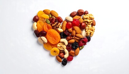 A heart shape is formed by arrangement of various dried fruits and nuts