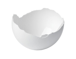 A cracked open, empty white eggshell isolated on a pure white background.