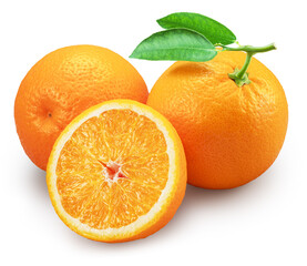 Orange fruit with green leaves and orange sliced in half on white background. File contains clipping path.
