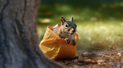 A comical squirrel peers from inside an orange paper bag near a tree