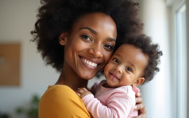 Smiling African American mom holds adorable baby girl. Happy family portrait. Motherhood love. Baby care. Infant child. Black woman. Newborn daughter. Cute toddler. Ethnic family. Healthy lifestyle.
