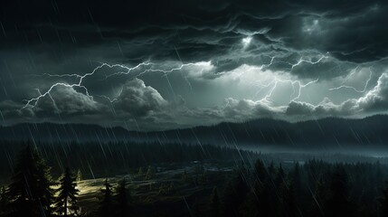 Stormy weather over a forest landscape with lightning strikes and heavy rain