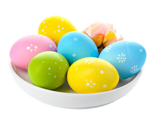 A set of vibrantly painted Easter eggs with various patterns, isolated on white.
