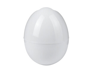 A single, white, shiny plastic Easter egg isolated on a white background.