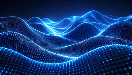 Abstract technology background featuring a dynamic 3D wave grid of glowing blue particles forming a digital landscape
