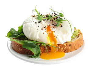 A single, delicate poached egg isolated on a clean white background.