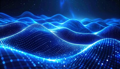 Abstract futuristic background with flowing digital data waves and glowing blue neon particles on a network grid