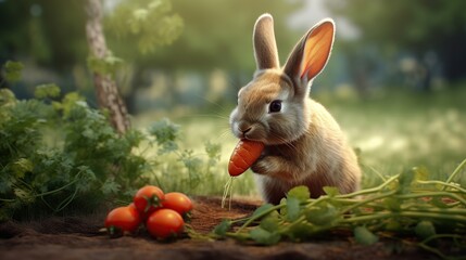 Adorable bunny eating a carrot in a field of greens under sunlight
