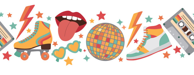 Retro objects seamless border isolated on white. Horizontal pattern with elements from 80s-90s