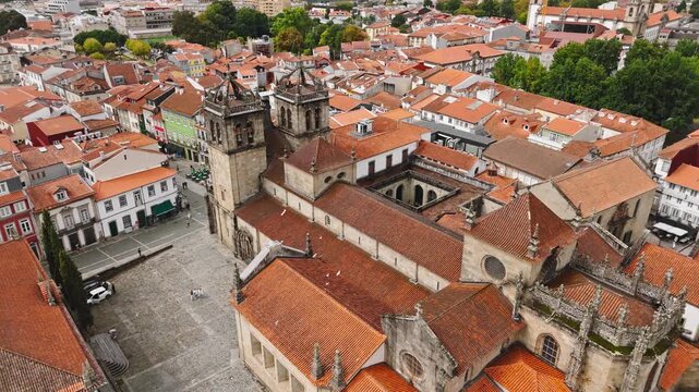 S&eacute; de Braga Cathedral with its red rooftops and surrounding old town architecture in northern Portugal