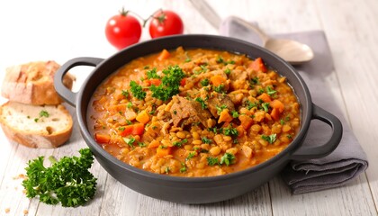 A hearty stew, bread, tomatoes, and parsley sit on a white surface