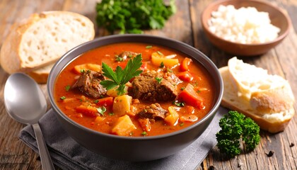 A hearty stew with vegetables and meat, served with bread