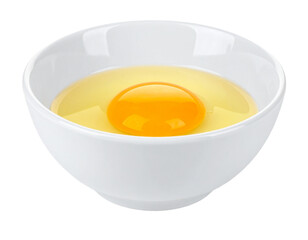 A single raw egg with yolk and white in a white bowl, isolated on white.