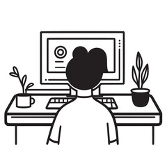 black and white vector outline illustration of webcam focused on a smiling face