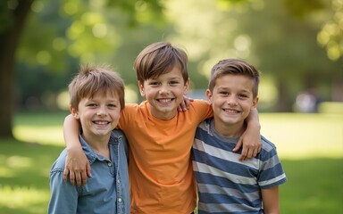 Three happy young boys in summer park. High quality