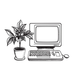 cartoon outline doodle illustration of retro desktop with beige casing