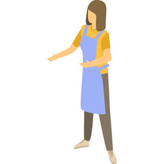 Isometric illustration of a woman wearing a yellow shirt and light blue apron standing with arms outstretched on a white background presenting 