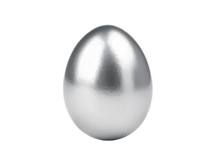 A single, highly reflective silver egg isolated on a white background.