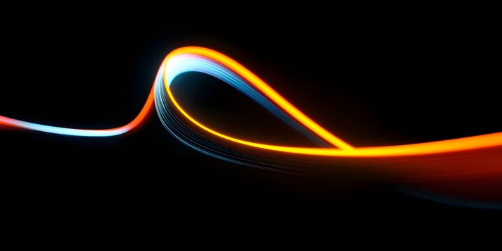 Abstract dynamic light trails in vibrant orange and electric blue against a deep black background creating a sense of movement and energy