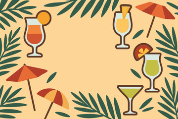 Tropical cocktail border with leaves umbrellas and glassware