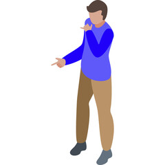 Isometric illustration of a man in a blue long sleeve shirt and tan pants gesturing with his hands against a white background with transparent background option available