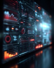 Holographic interface with glowing data panels, showcasing futuristic digital technology and analytics.