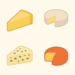 Cheese lineup with swiss style wedge round cut and blue speckled piece