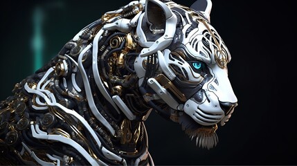 Cybernetic tiger head with intricate mechanical details on a dark background