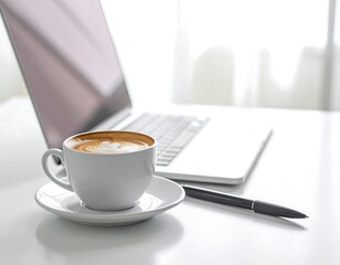 A laptop with a coffee cup and pen, ideal for remote work scenarios