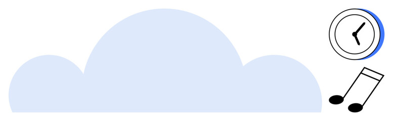Cloud shape with clock and music notes representing cloud technology, time tracking, and streaming. Ideal for apps, technology, organization, automation, entertainment, productivity simple flat