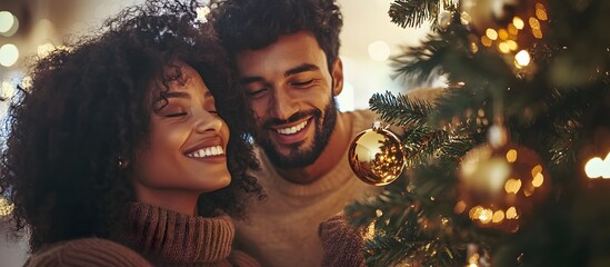 Couple decorating Christmas tree