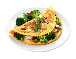 A large vegetable omelet with visible fillings, isolated on a white background.