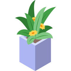 Isometric Illustration of a Potted Plant with Green Leaves and Yellow Flowers in a Light Purple Square Pot on a Transparent Background