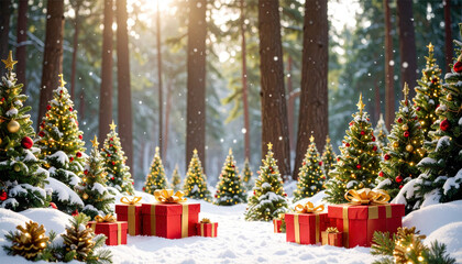 Illuminated christmas trees with red and golden garlands into a forest with snowy flakes with shape of stars close to xmas gifts in red boxes