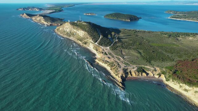Drone Captures the Clash of Sea Waves in a Vlora Peninsula Surroundin Narta Lagoon with Zvernec Island