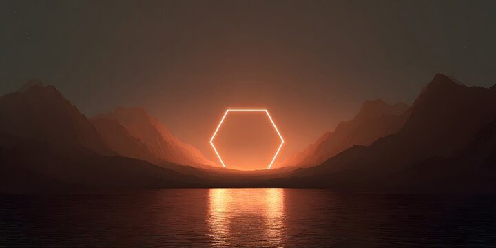 An ethereal hexagonal portal glowing with warm orange light illuminates a misty landscape reflected in dark water