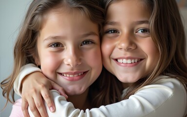 Close-up of siblings sharing a hug with smiling faces. High quality