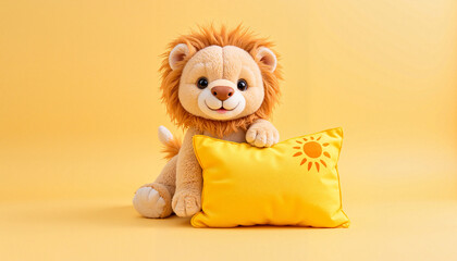 Cute lion plush toy with a cheerful expression sitting beside a yellow decorative pillow