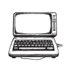 hand drawn vector illustration line art of retro monitor with a typewriter